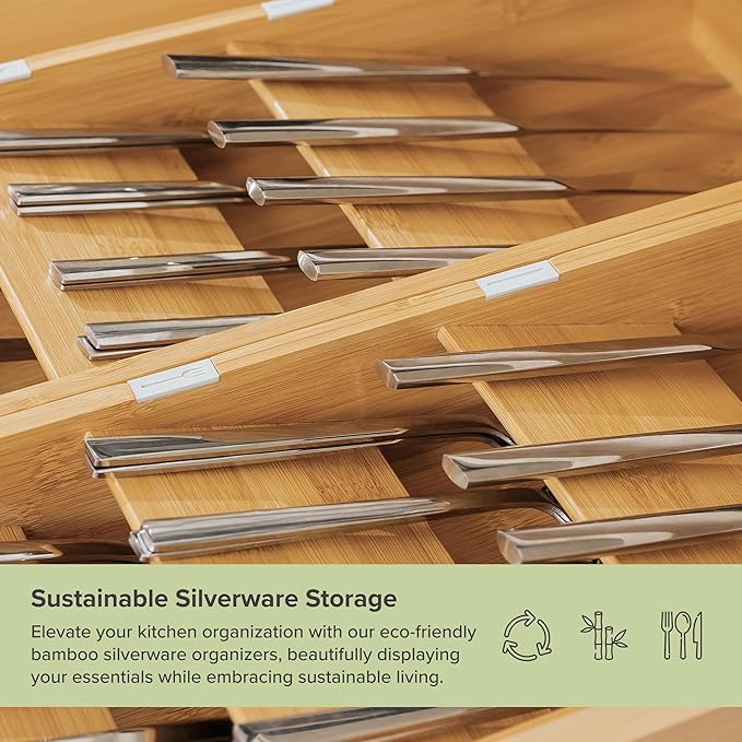 Premium Cutlery, Flatware, and Silverware Drawer Organizer – Slanted 3-Compartment Design with Labeled Slots, Non-Slip Feet, 100% Sustainable Bamboo, 2 Pack