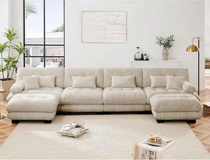 U Shaped Couch Sectional Couch, 4-Seater Cloud Couch Sectional Oversized Couch, Sofa Bed Couch with Round Bolster Armrests 6 Pillows, Modular Couch Home Sofa Living Room Couch
