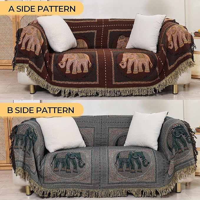Boho Throw Blanket for Bed with Tassels,100% Cotton Ultra Soft and Cozy Large Blanket Elephant Printed Farmhouse Decor Bed Blankets,80