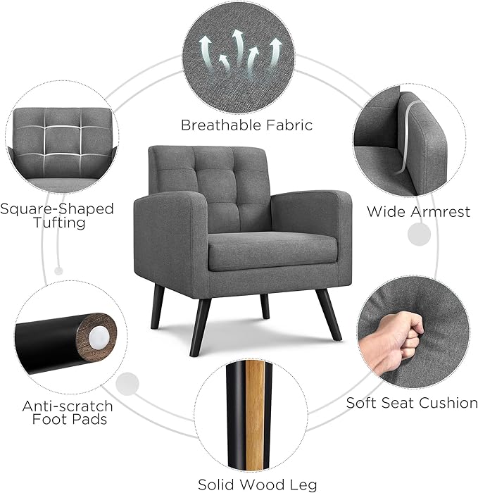 Yaheetech Modern Living Room Chair, Mid-Century Armchair Button Tufted Back and Wood Legs, Vintage Lounge Chair for Bedroom/Home Office/Study, Gray