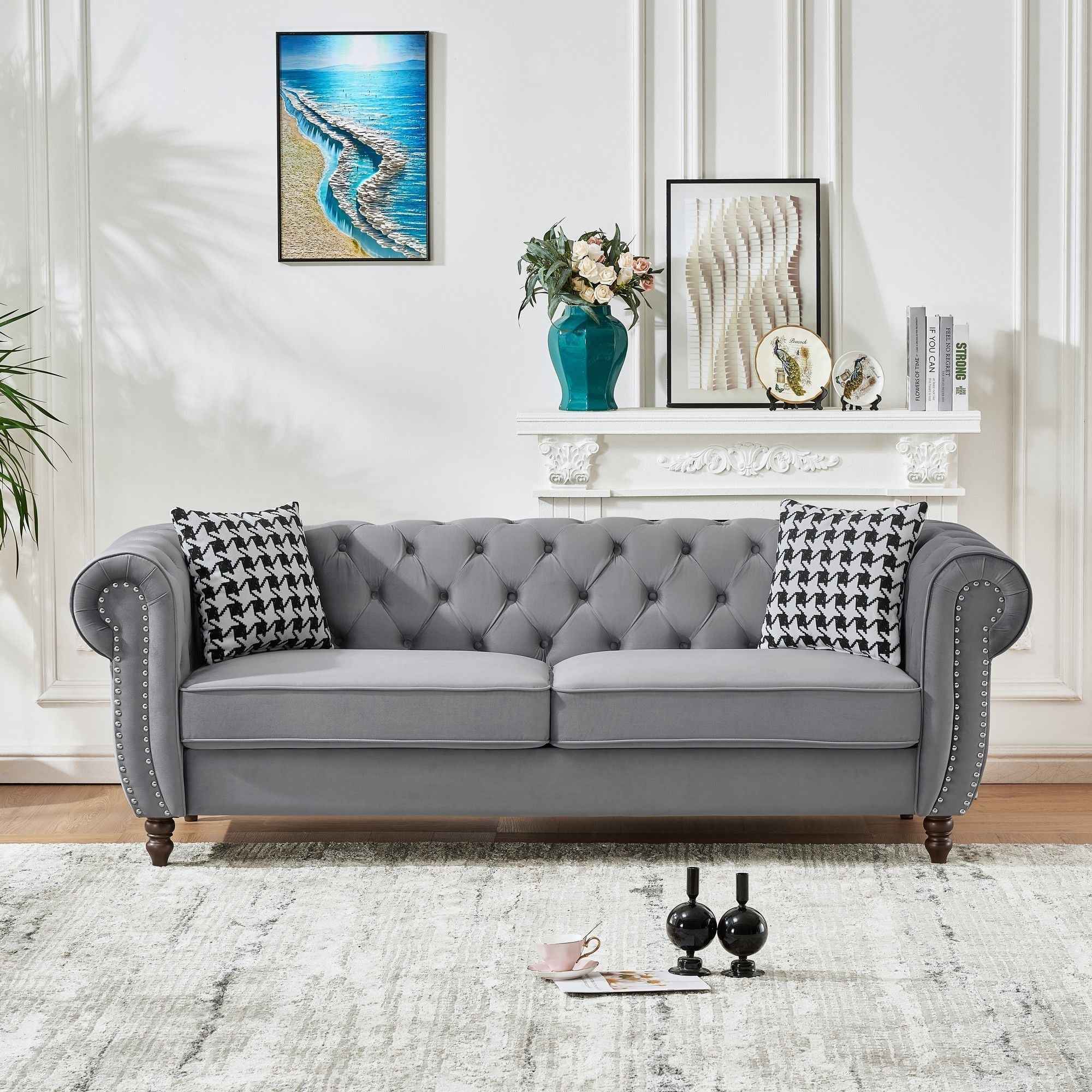 Chesterfield Upholstery Fabric Sofa With Roll Armrest & Nailhead, Mid Century Modern 3 And 3 Seater Couch
