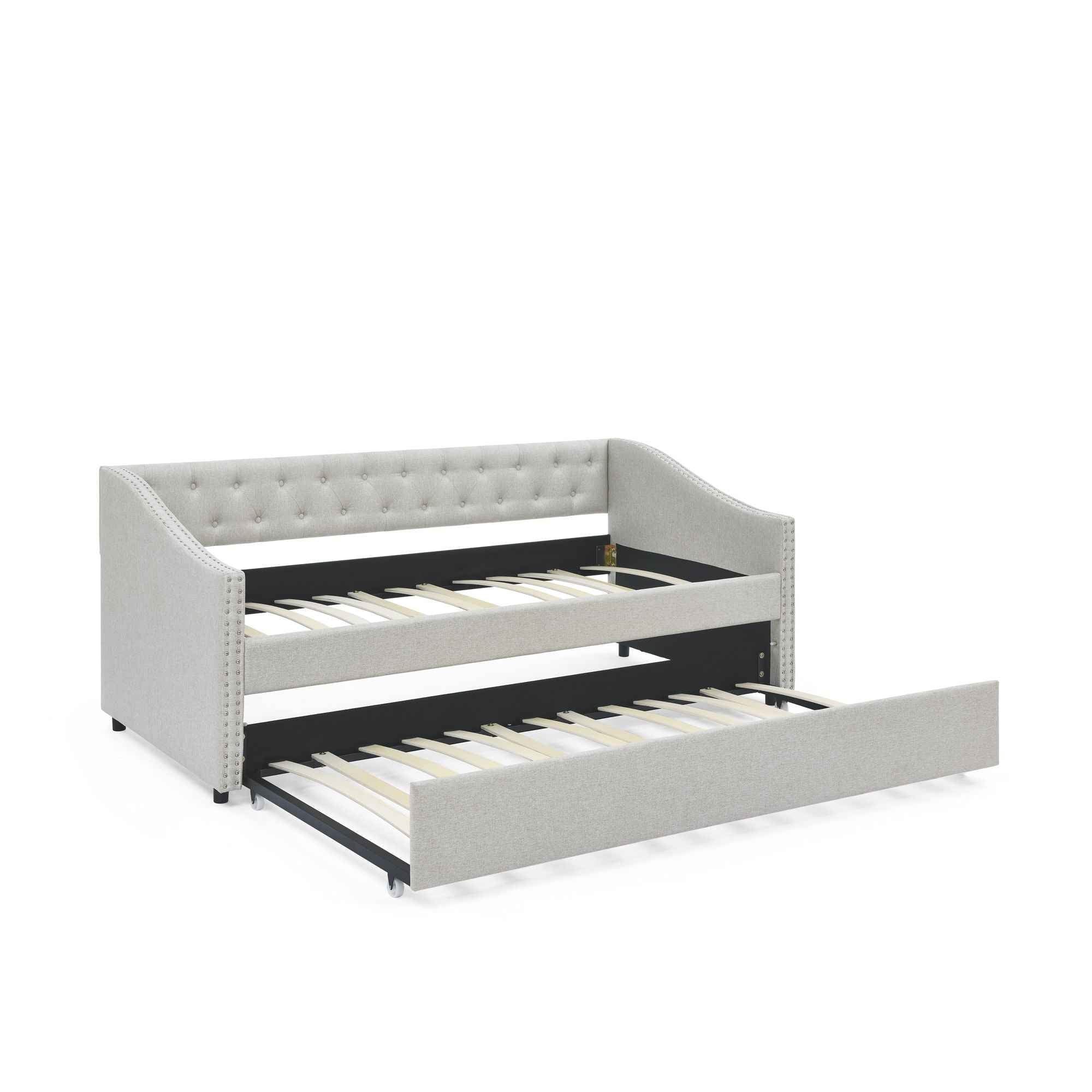 Upholstered Tufted Daybed With Drawers, Waved Arms