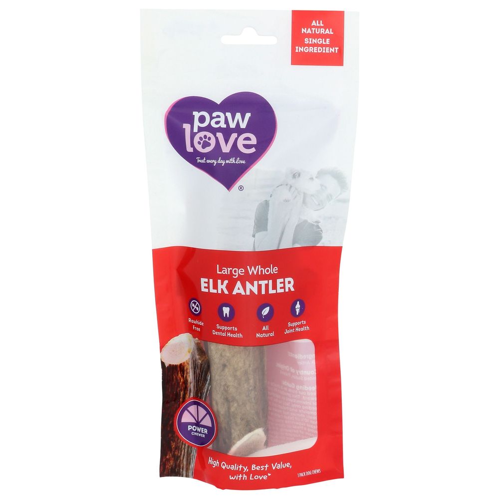 Paw Love - Large Elk Antler Dog Treat, 1 ct (Pack of 6) - Long Lasting Chew