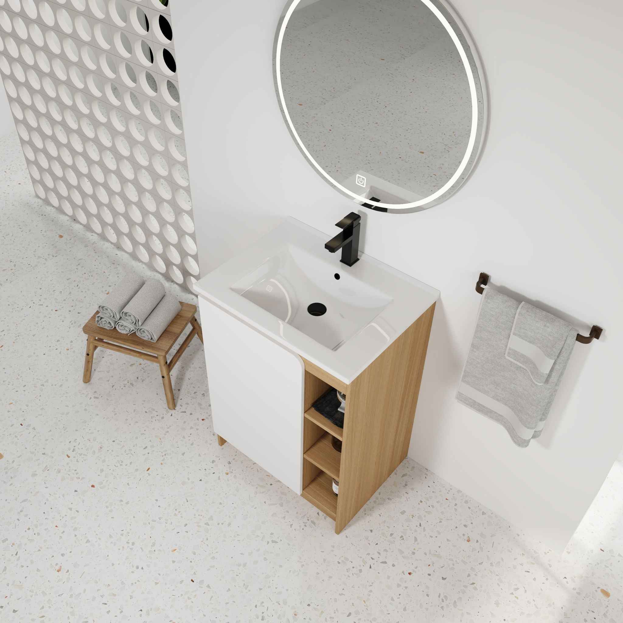 Freestanding Bathroom Vanity With Thin Rim Sink, Single Door With 4 Tier Open Shelves - Light Oak / White