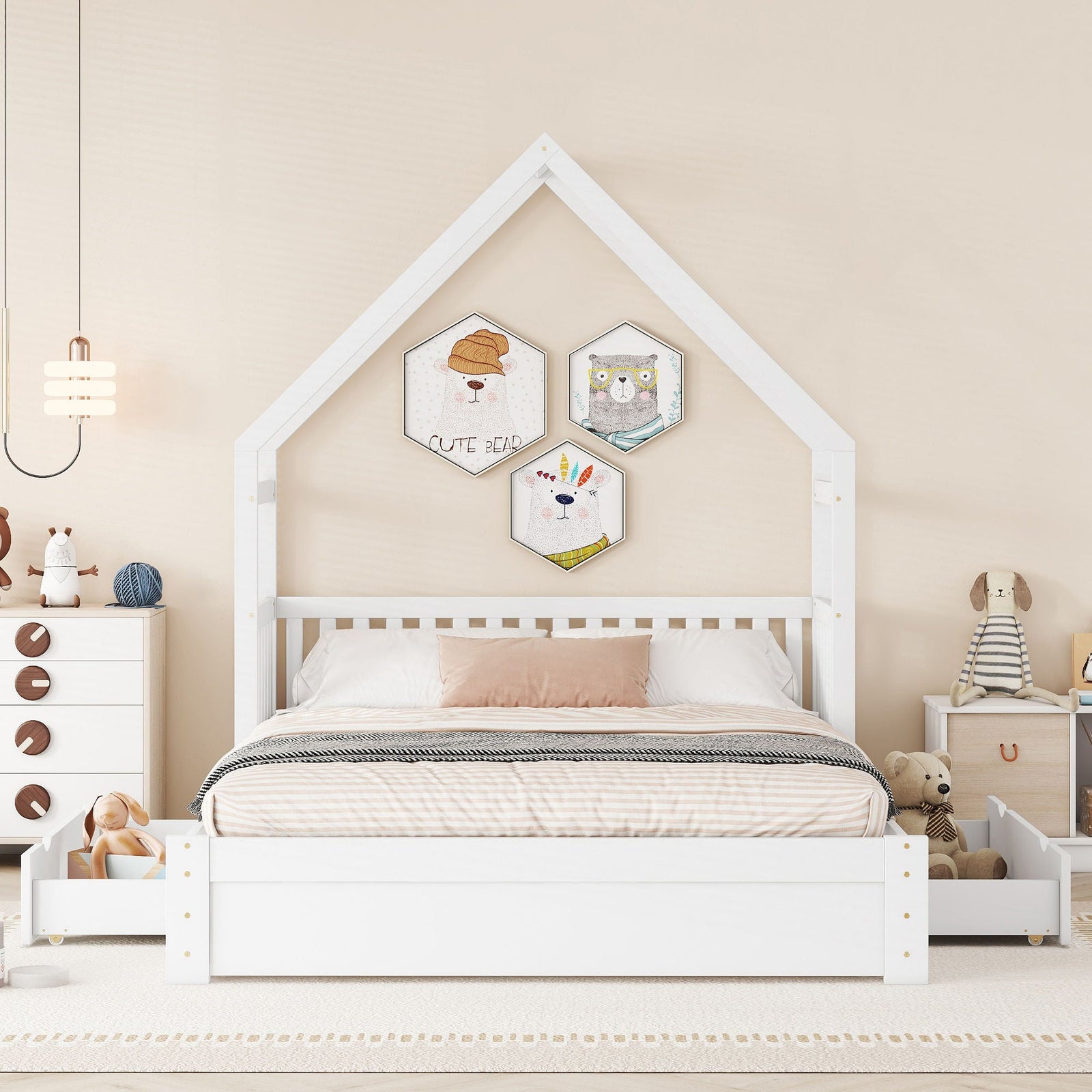 House Style Platform Bed With Guardrail And 2 Drawers