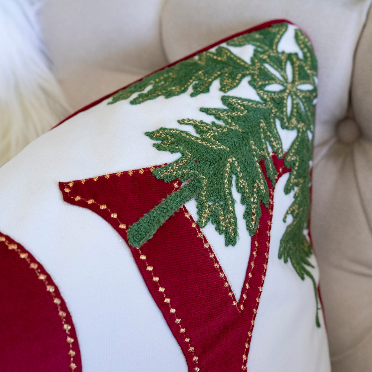 JOY Embroidered Christmas Throw Pillow with Velvet - Red and Green
