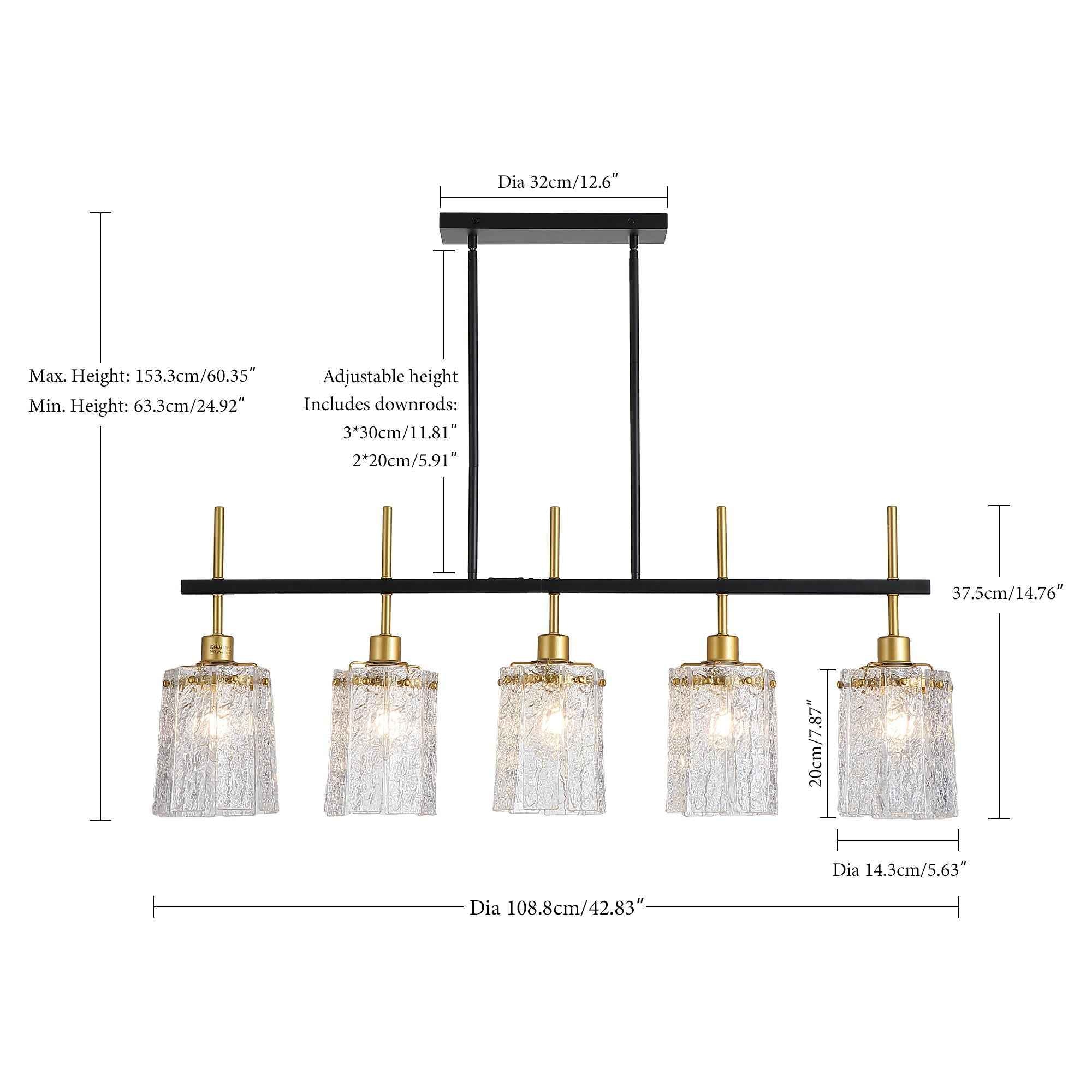 Chandelier 5 Light, Fixture Over Table - Black / Gold