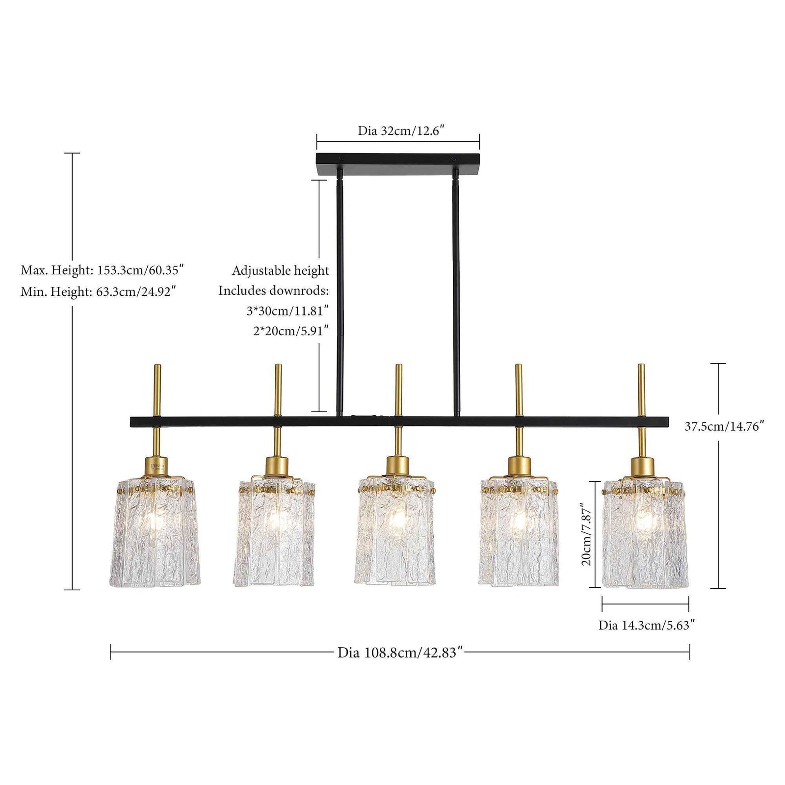 Chandelier 5 Light, Fixture Over Table - Black / Gold