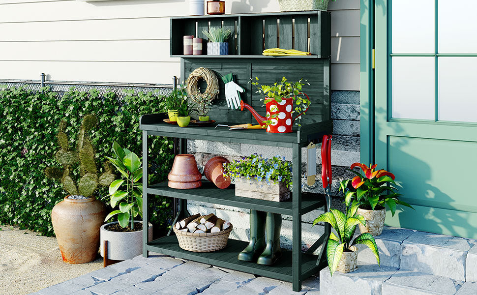 Large Wooden Farmhouse Potting Bench Table with 4 Shelves - Rustic Fir Wood