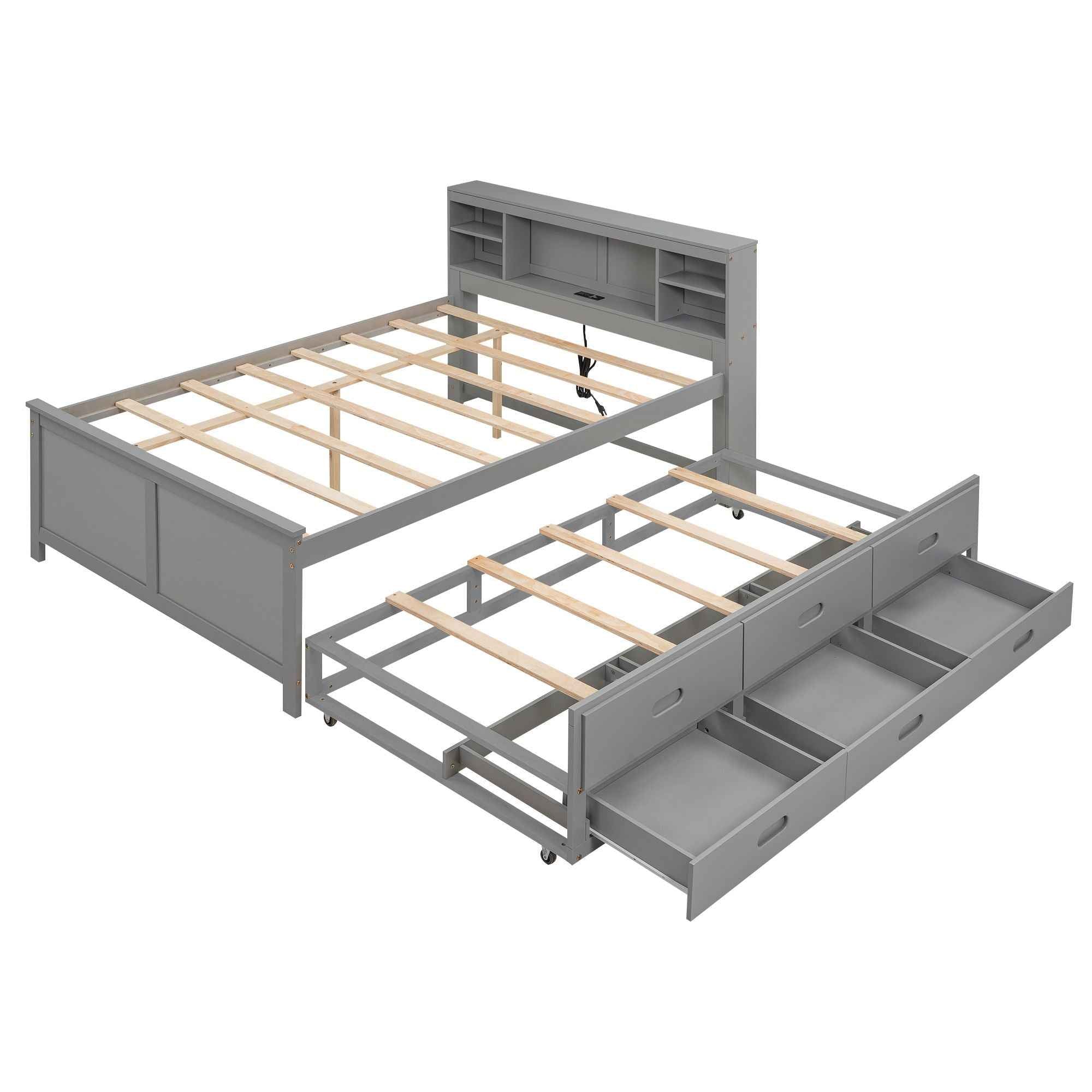 Platform Bed With Storage Headboard, USB, Trundle And 3 Drawers