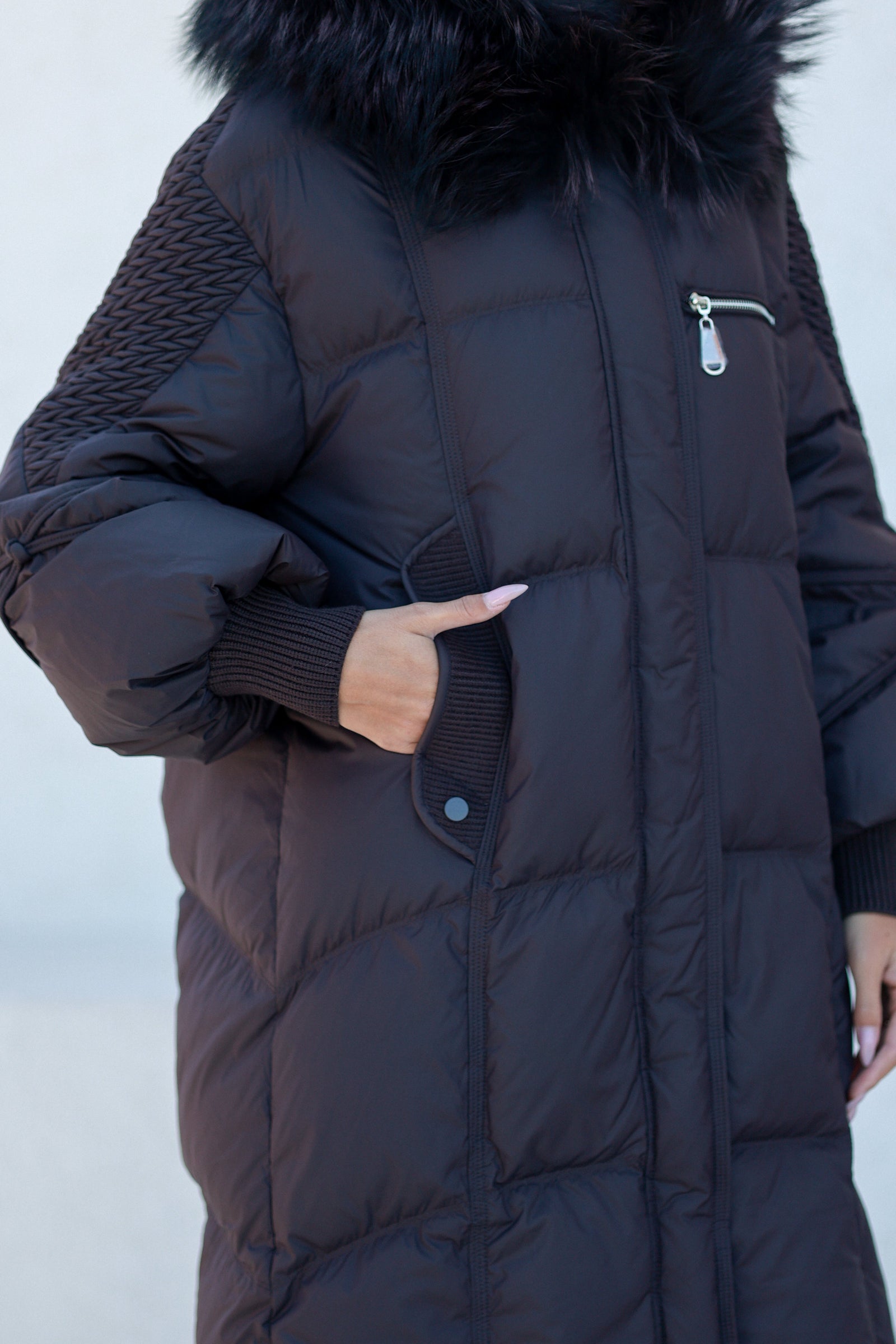 Dakota Genuine Fur Trim Down Fill Coat in Fig