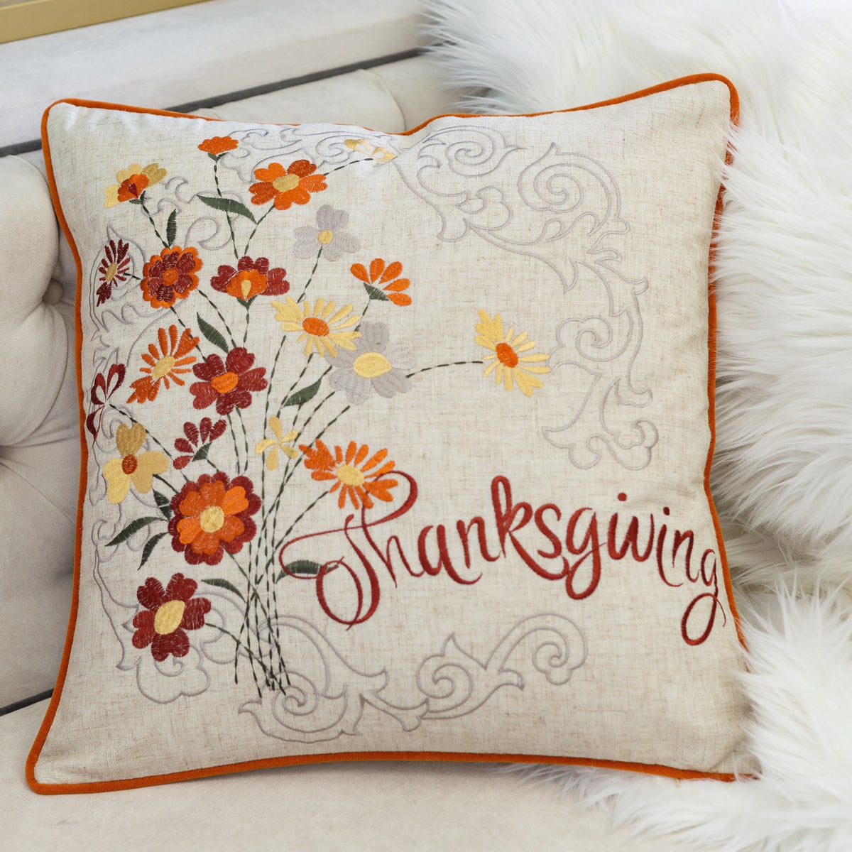 Thanksgiving Embroidered Floral Throw Pillow with Fall Floral Embroidery - Autumn Colors