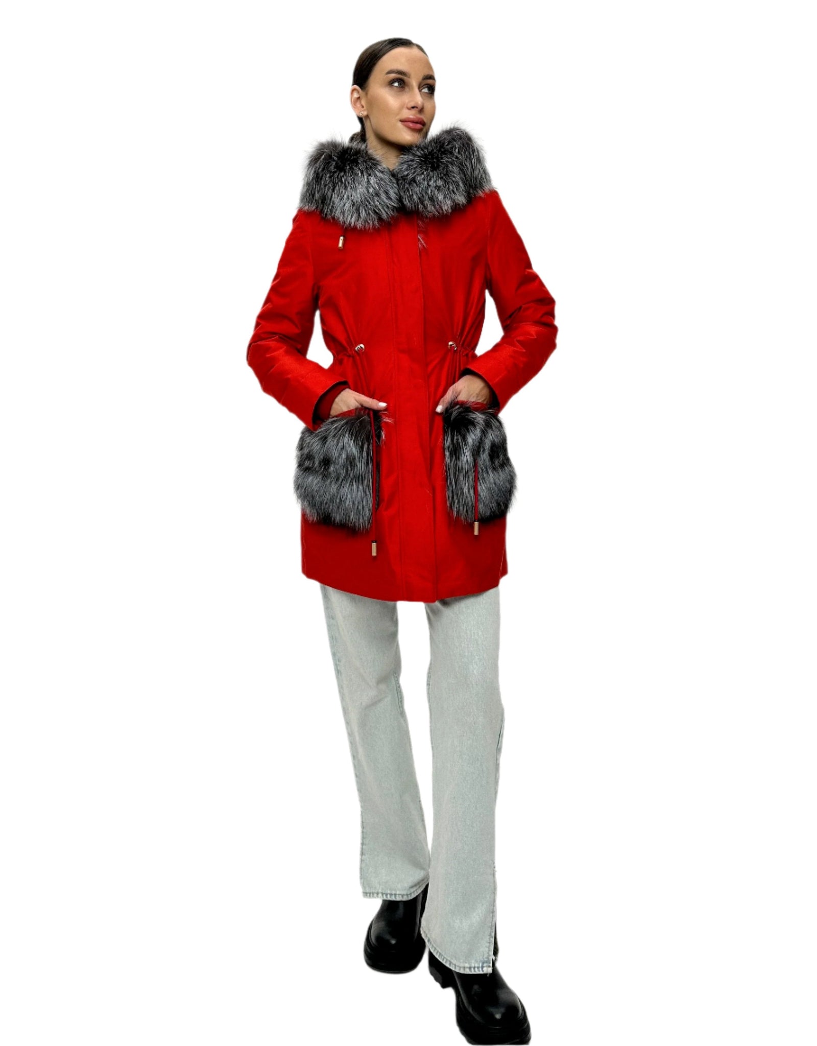 Roma Genuine Silver Fox Fur Rabbit Fur Insulated Parka in Red