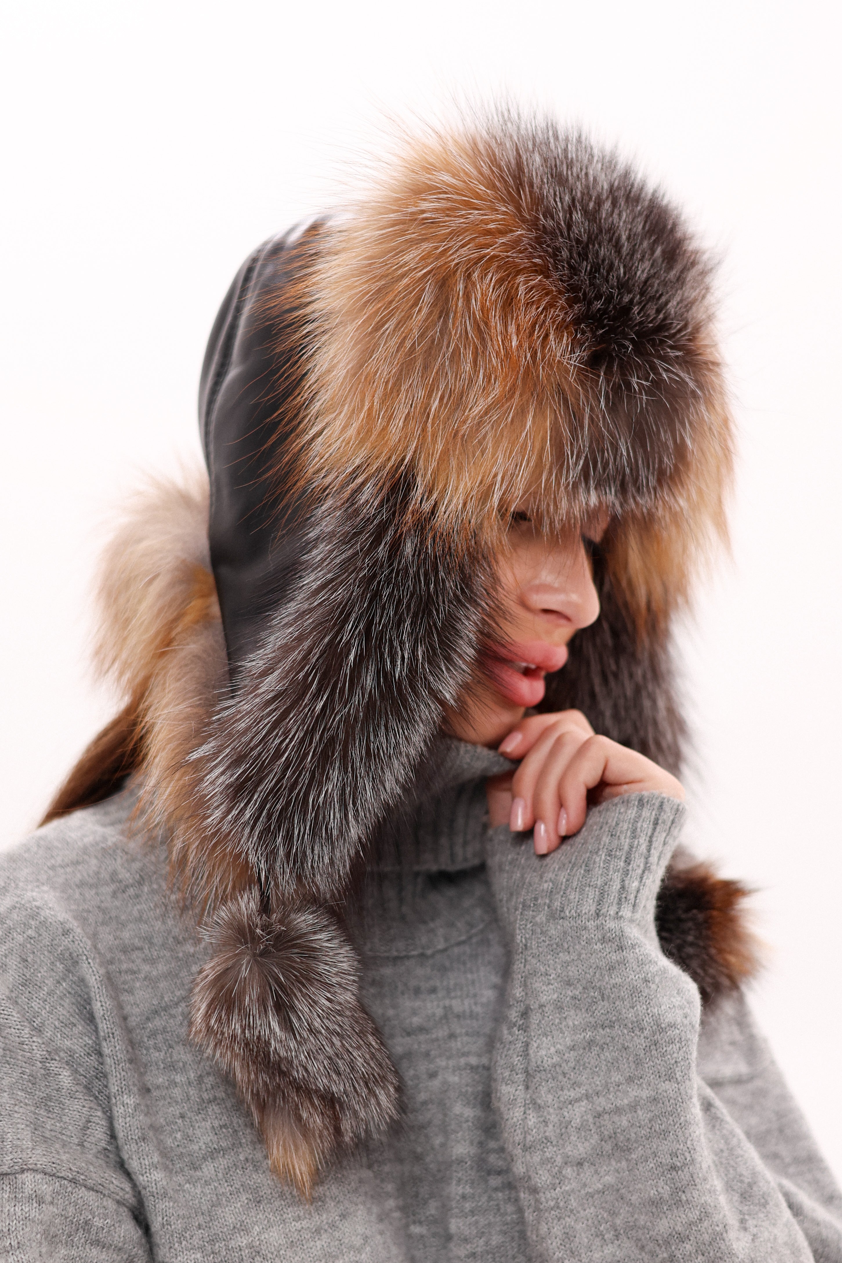 Genuine Silver Fox Fur Genuine Leather Hat