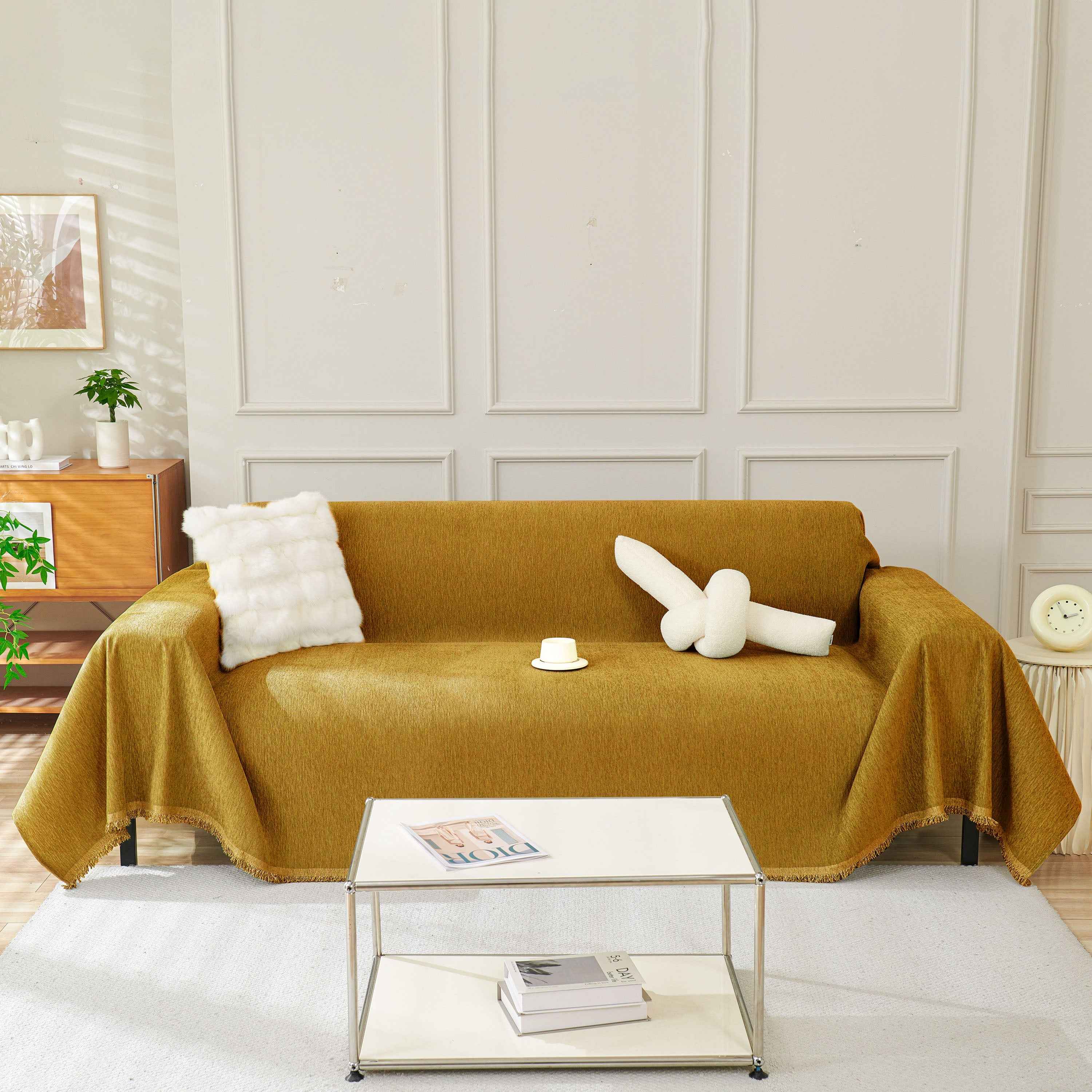 Solid Color Chenille Sofa Throw Blanket, Modern Decor Soft Couch Cover with Fringes