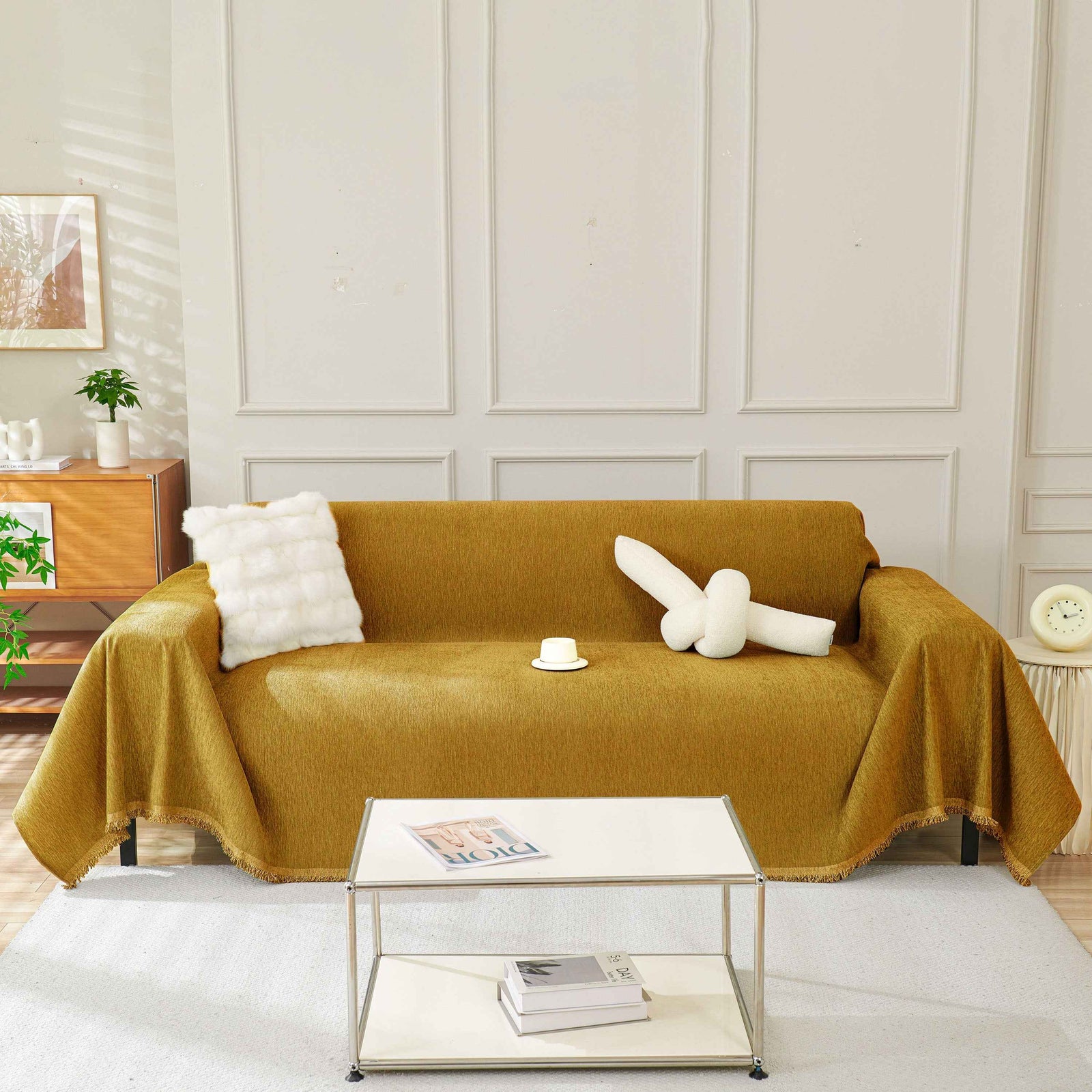 Solid Color Chenille Sofa Throw Blanket, Modern Decor Soft Couch Cover with Fringes