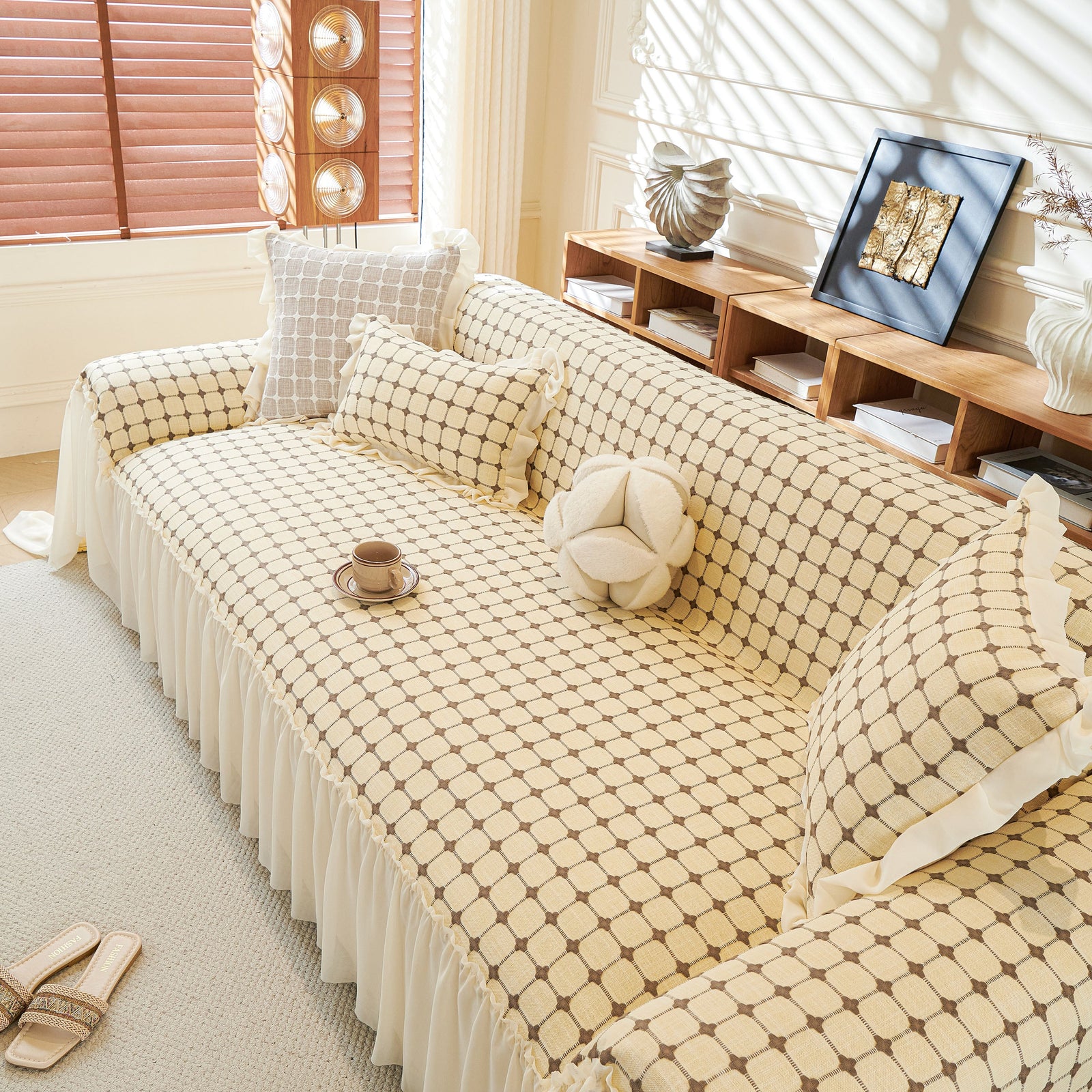 Grid Textured Sofa Cover with Sheer Ruffle Skirt, Pet-Friendly Sofa Throw Slipcover
