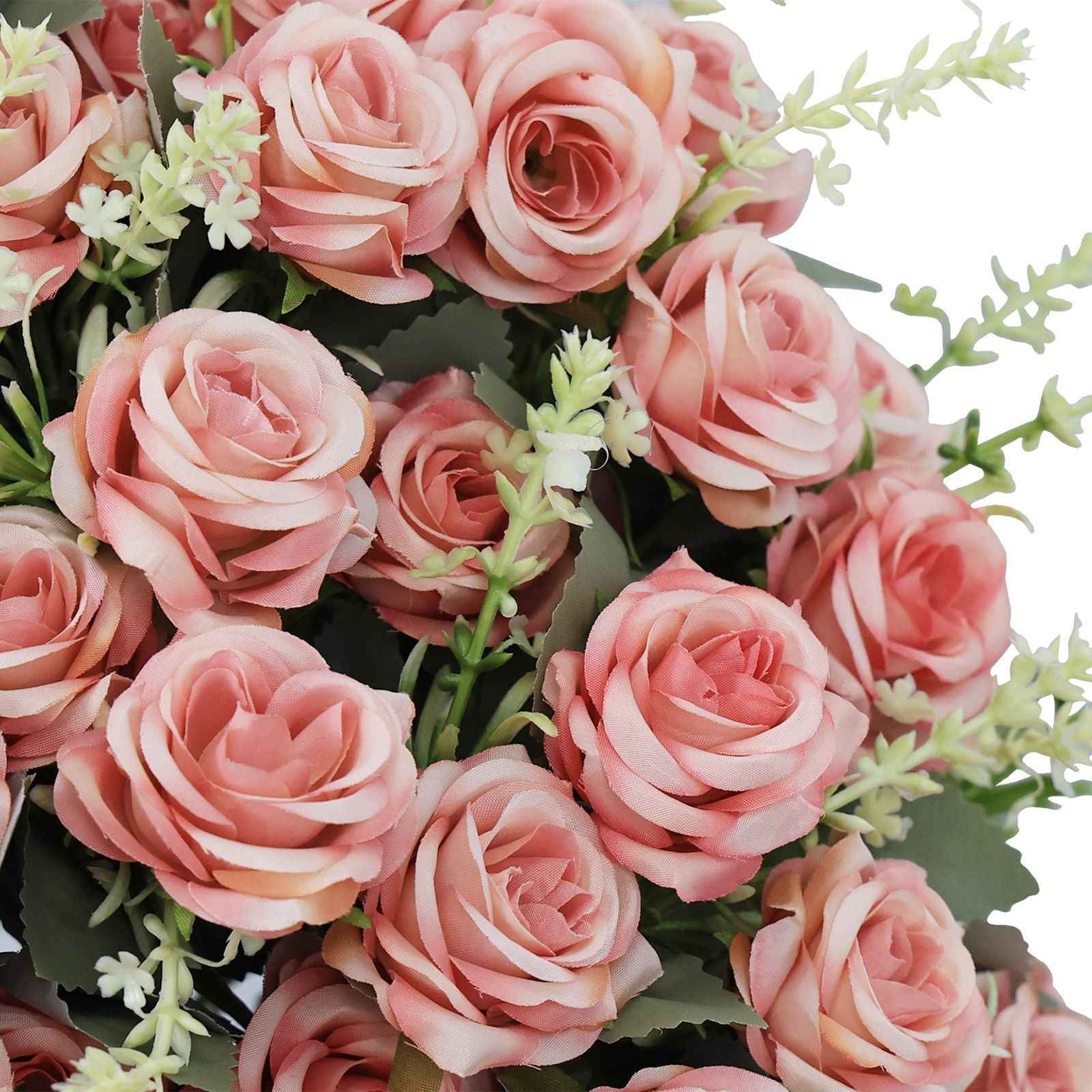Artificial Rose Decoration With UV Resistant Silk Petals, Durable Stems In Cement Pot, Indoor Outdoor Potted Floral Arrangement - Green / Pink
