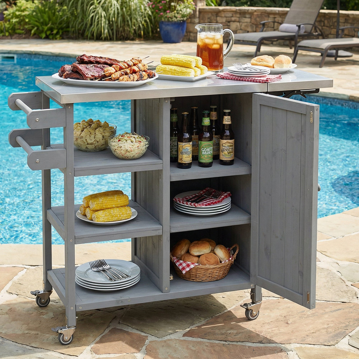 Foldable Outdoor Kitchen Island Cart with Storage - Stainless Steel & Wood