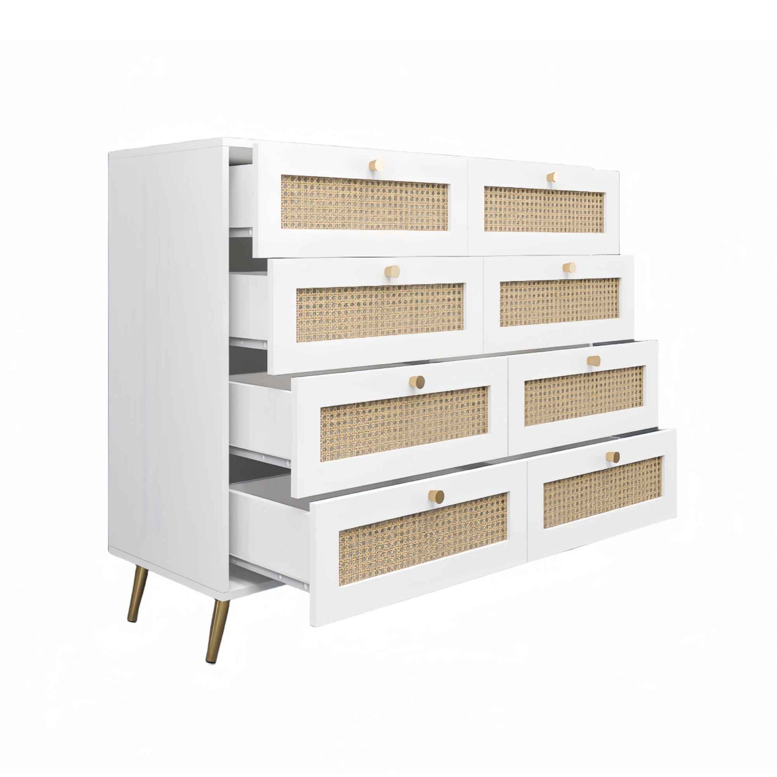 8 Drawers Chest Of Drawers With Rattan Drawer Face Golden Legs And Handles - White