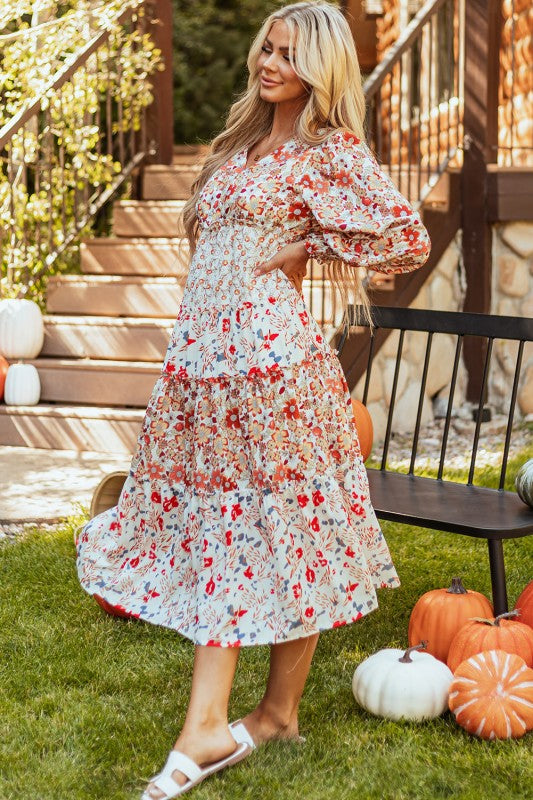 Floral V-Neck Ruffle Long Sleeve Midi Dress