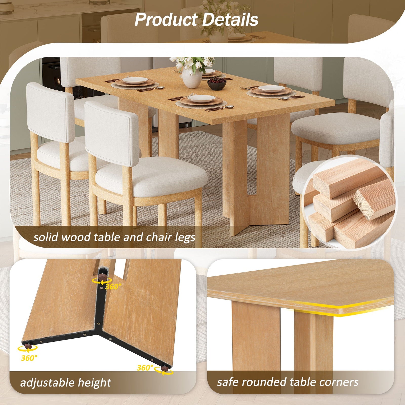 Dining Table Set With 6 Upholstered Chairs, Rectangular Table With Cutout Legs