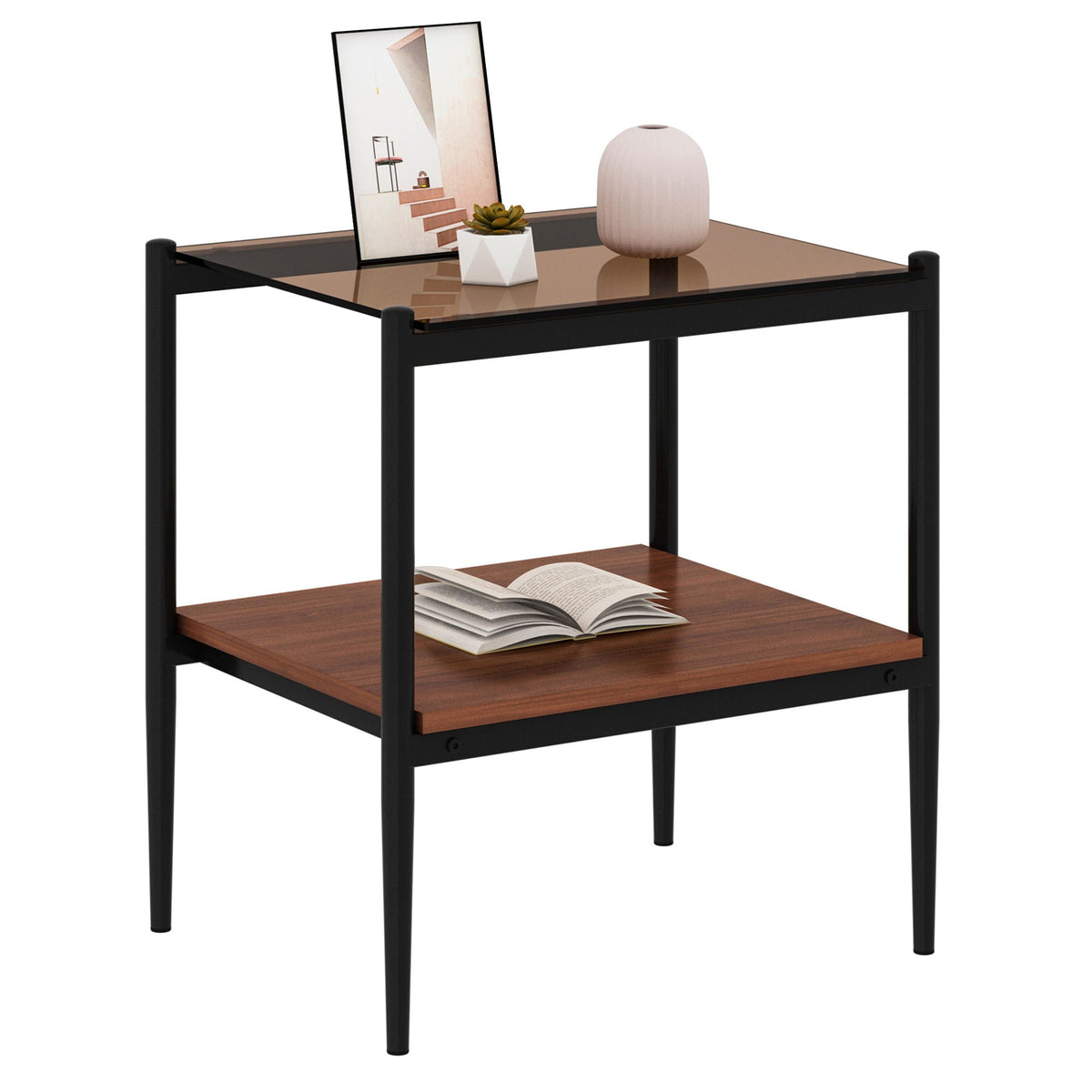 Modern Rectangle End Table (Set of 2) With Tempered Glass Tabletop And Layer - Brown