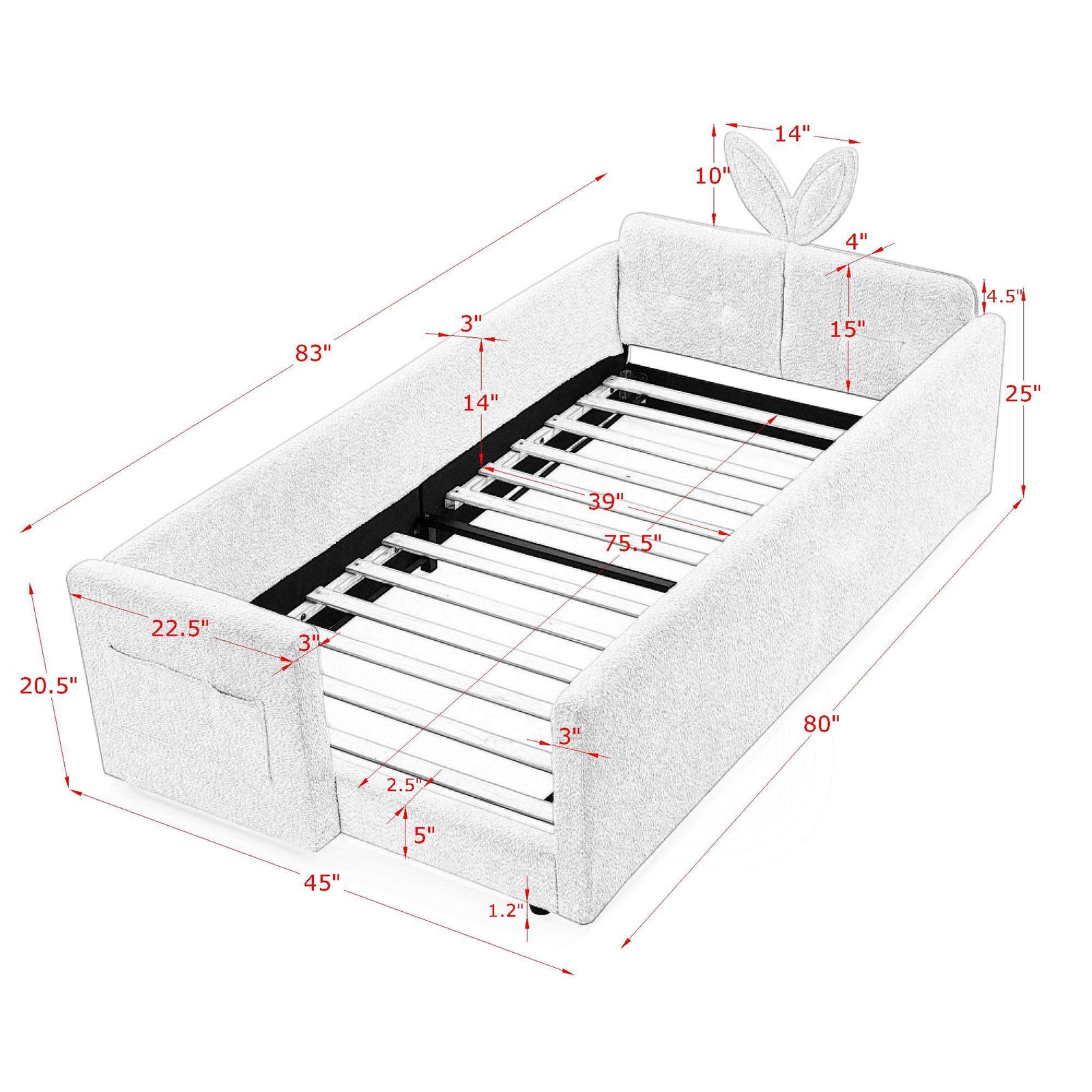 Cute Rabbit Ear Upholstered Platform Bed Frame With Safety Rail