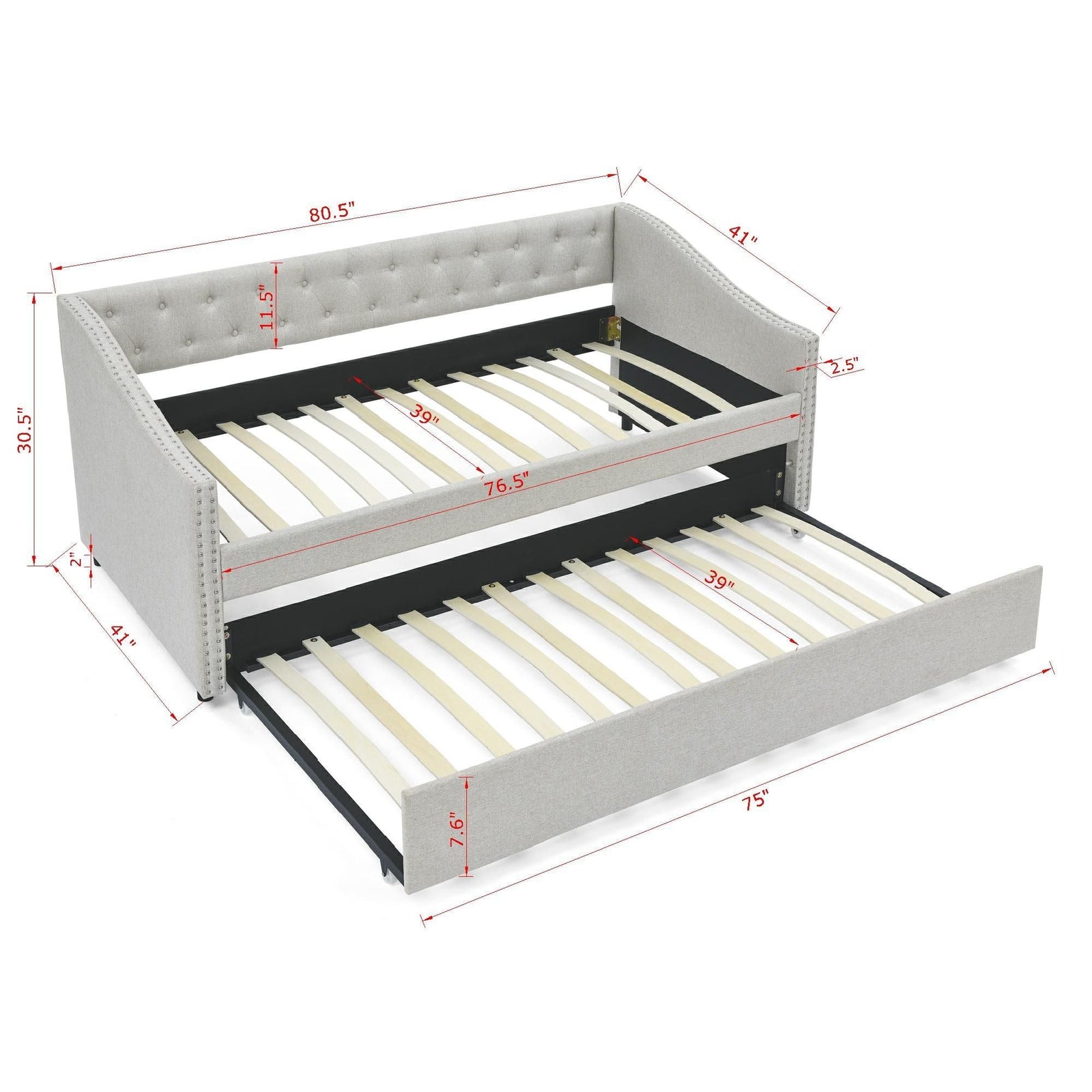 Upholstered Tufted Daybed With Drawers, Waved Arms