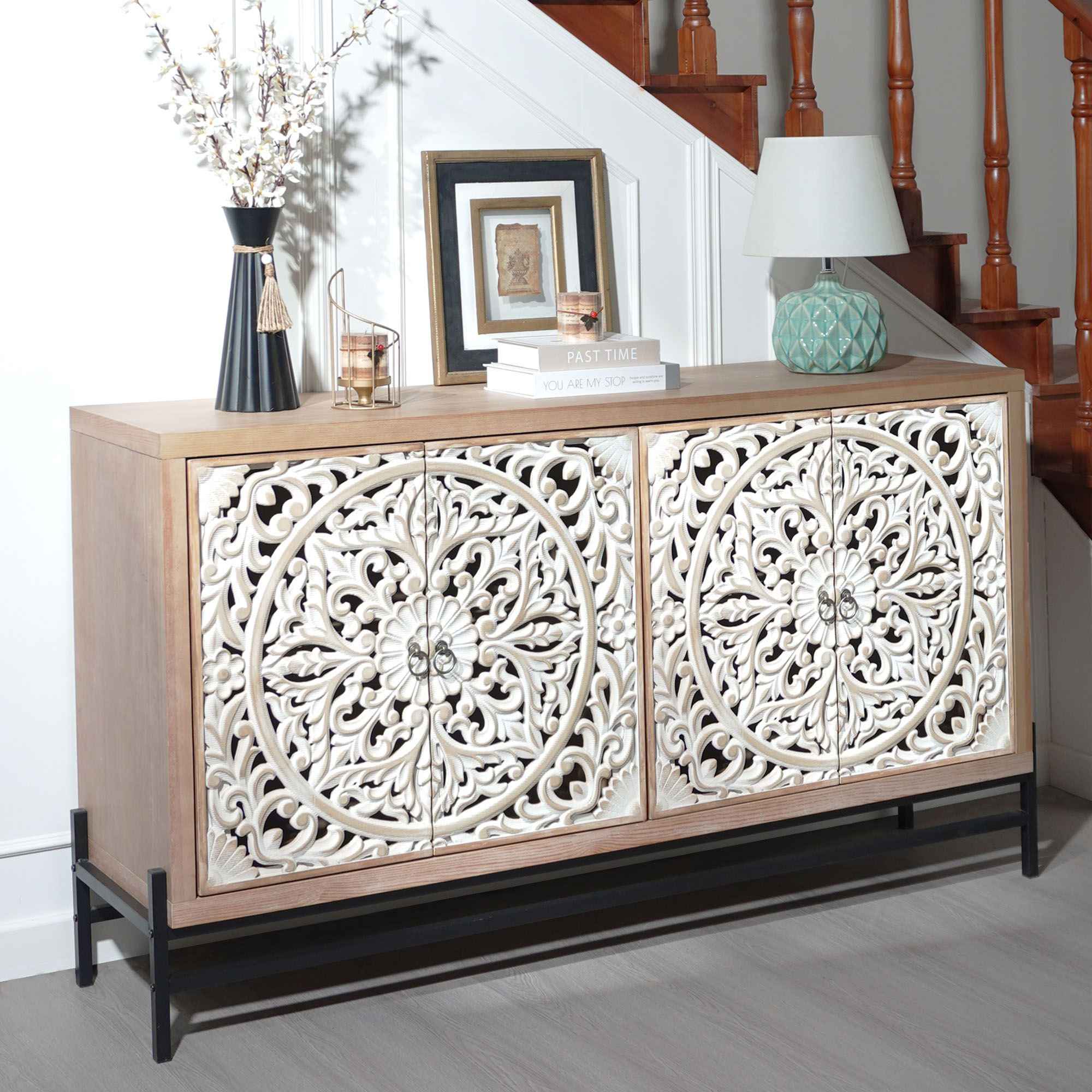 Carved 4 Door Cabinet, Storage Sideboard For Living Room - Multi