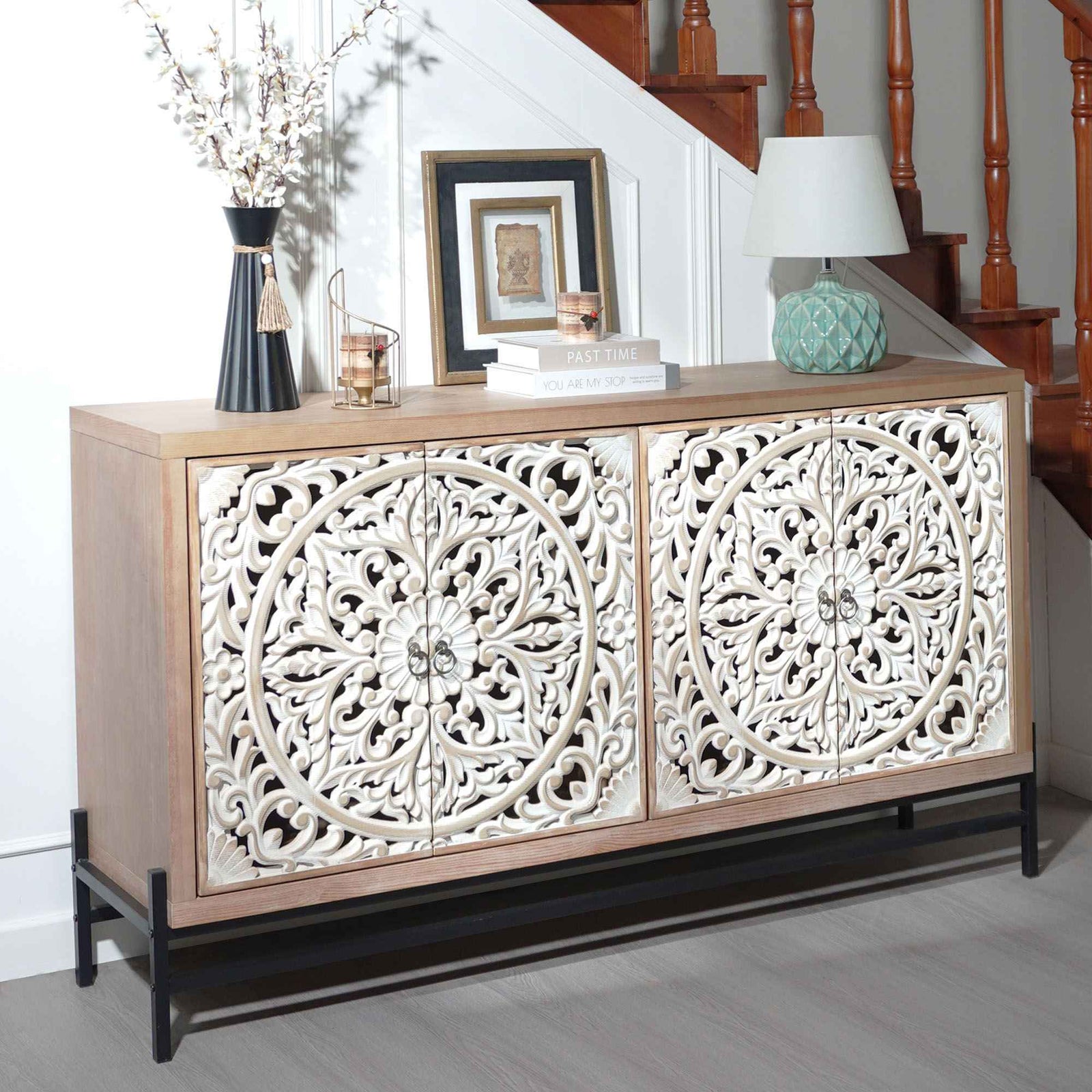 Carved 4 Door Cabinet, Storage Sideboard For Living Room - Multi