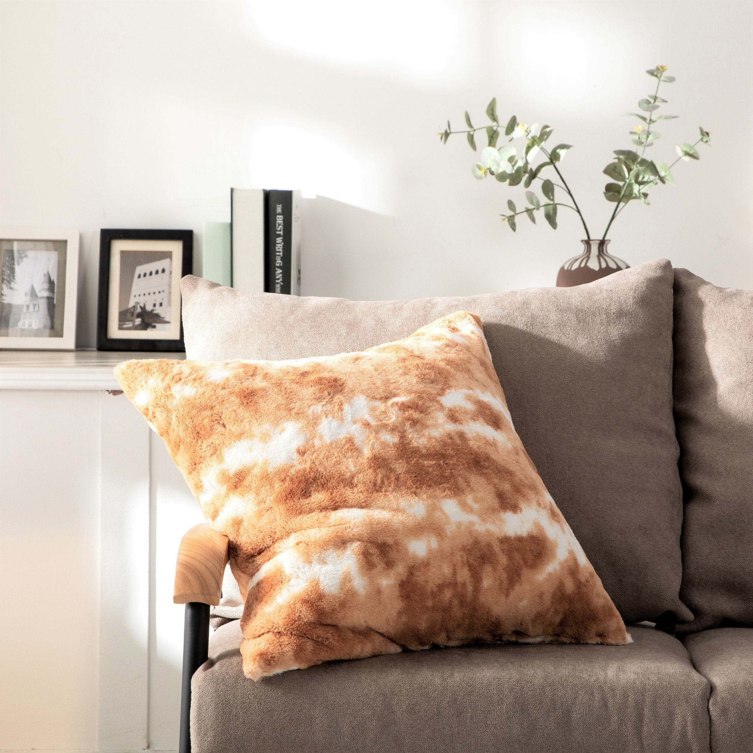 DaDa Bedding Amber Orange Brown & White Cozy Faux Fur Euro Throw Pillow Cover (M3396)