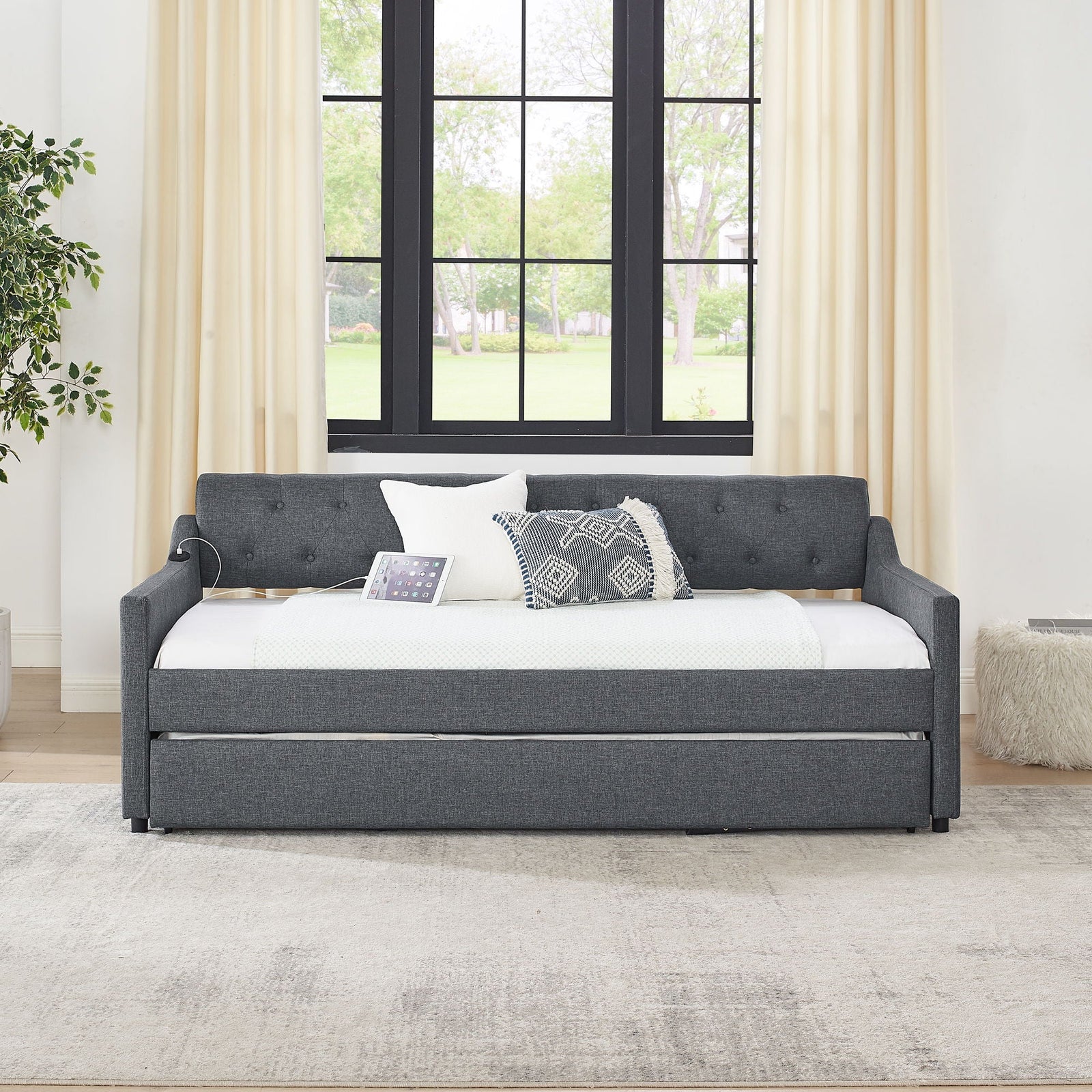 Size Upholstered Daybed With Trundle And USB Charging Armrest