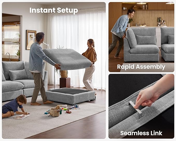 Oversized Modular Sofa, Extra Deep Cloud Chenille Sectional Couch with Ottoman Chaise, Fluffy Chenille 8 Seater Sofa Bed for Living Room, Villa (Sofa Bed 8 Seater, Chenille Grey)