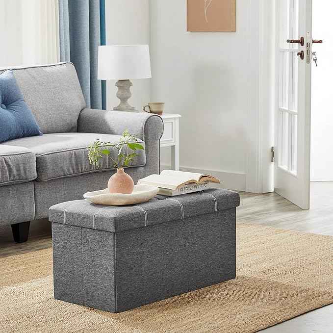 SONGMICS Mazie Collection - 30 Inches Ottoman Storage Bench, 21 Gal. Folding Chest with Breathable Linen-Look Fabric, Load up to 660 lb, for Entryway, Living Room, Bedroom, Dark Gray ULSF001G01