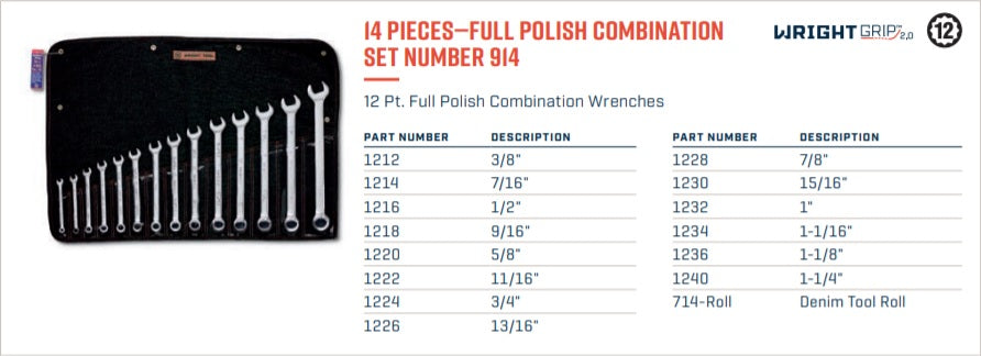 Wright Tool WRIGHTGRIP® 2.0 12 Point Combination Wrench Set 14 Piece SAE 914