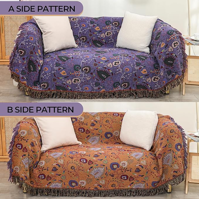 Boho Fall Throw Blanket for Bed Purple Flowers，100% Ultra Cotton Soft Breathable Bed Throw Floral Printed Farmhouse Decor Rustic Bed Throws for Couch Sofa Quilt 80