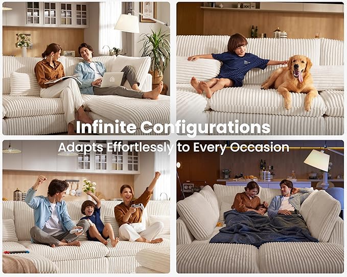 Oversized Modular Sofa, Extra Deep Cloud Corduroy Sectional Couch with Ottoman Chaise, Fluffy Corduroy 4 Seater Couch Bed for Living Room, Villa (Sofa Bed 4 Seater, Corduroy White)