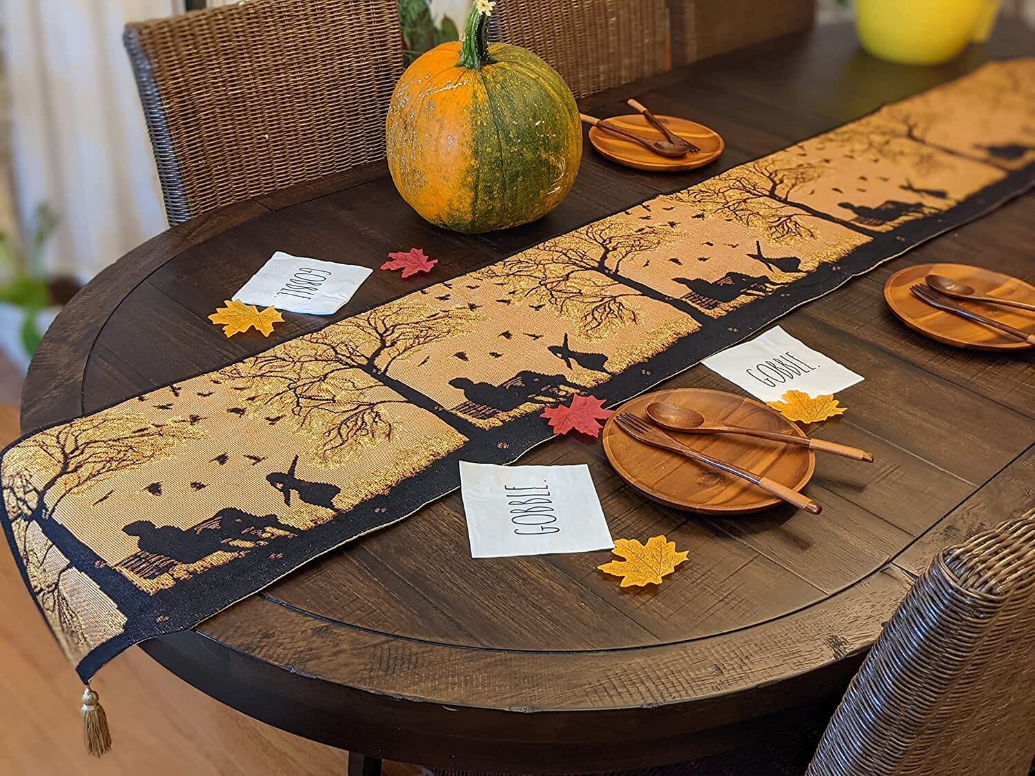 DaDalogy Autumn Birds Family Gathering Woven Tapestry Dining Table Runner (18198)