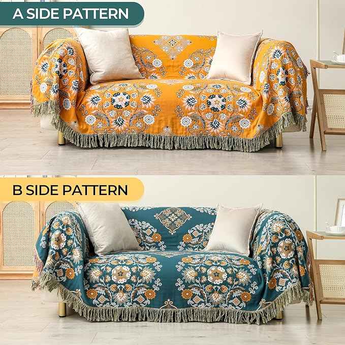 Boho Throw Blanket for Bed,100% Cotton Ultra Soft Lightweight Muslin 4-Layer Breathable Woven Throws 90''x 98'' Blanket Yellow Floral Printed Farmhouse Decor Bed Blankets