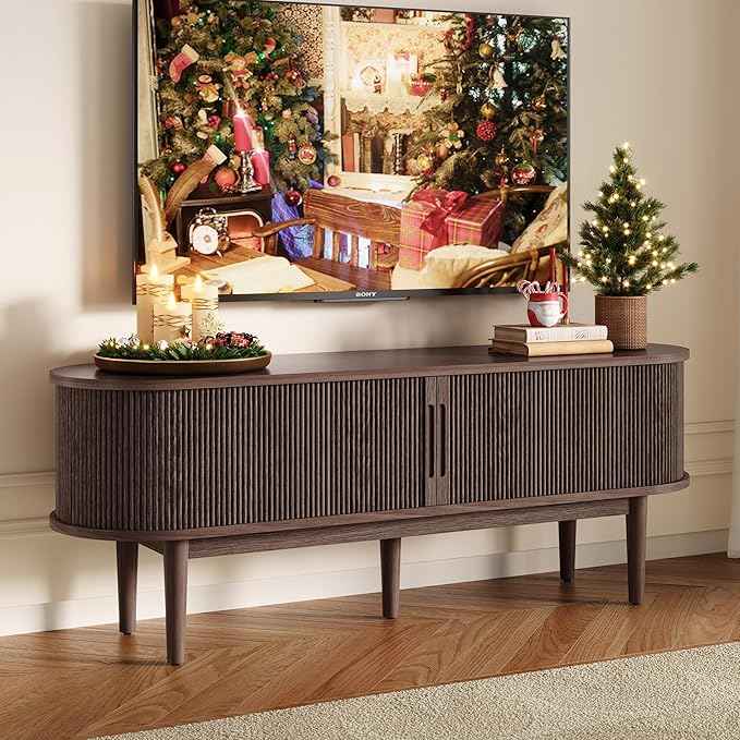 LINSY HOME TV Stand for 65" TV, Mid-Century Modern 58" Entertainment Center with Sliding Tambour Door and Storage Cabinet, Cruved TV Media Console Table for Living Room, Bedroom, Walnut