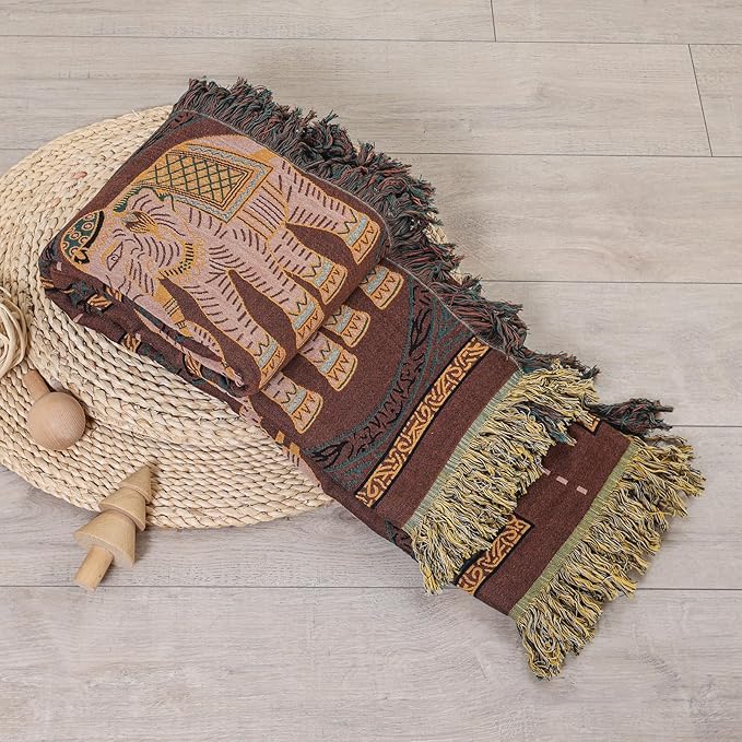 Boho Throw Blanket for Bed with Tassels,100% Cotton Ultra Soft and Cozy Large Blanket Elephant Printed Farmhouse Decor Bed Blankets,80