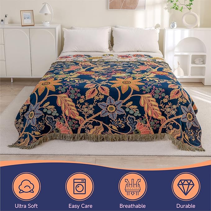 Boho Cotton Throw Blanket - Ultra-Soft Rustic Quilt for Bed, Home Decor & Travel - Large 90