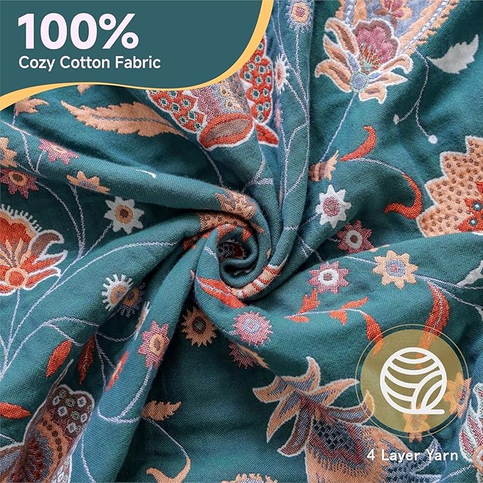 Boho Throw Blanket for Bed,100% Ultra Cotton Soft Breathable Bed Throw Floral Printed Farmhouse Decor Rustic Bed Throws for Couch Sofa Quilt White Flowers 60