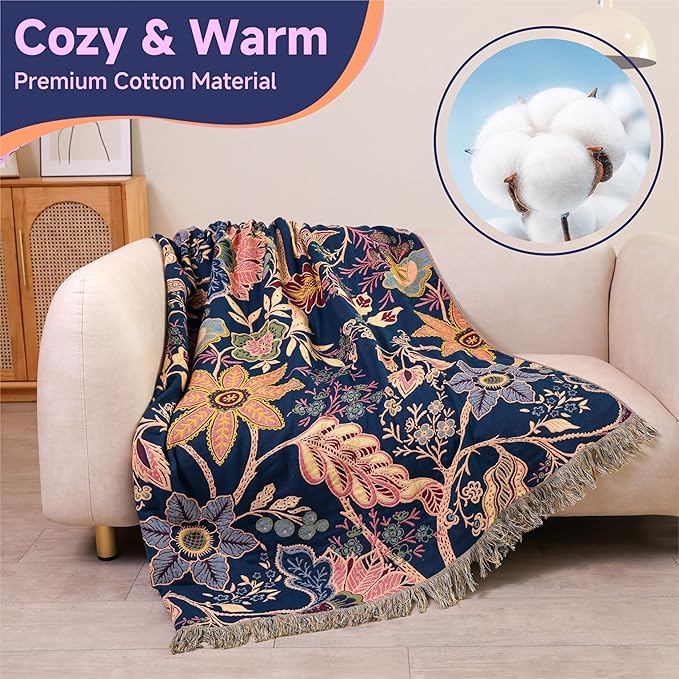 Boho Cotton Throw Blanket - Ultra-Soft Rustic Quilt for Bed, Home Decor & Travel - Large 90