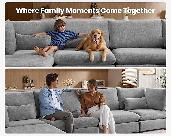 Oversized Modular Sofa, Extra Deep Cloud Chenille Sectional Couch with Ottoman Chaise, Fluffy Chenille 8 Seater Sofa Bed for Living Room, Villa (Sofa Bed 8 Seater, Chenille Grey)