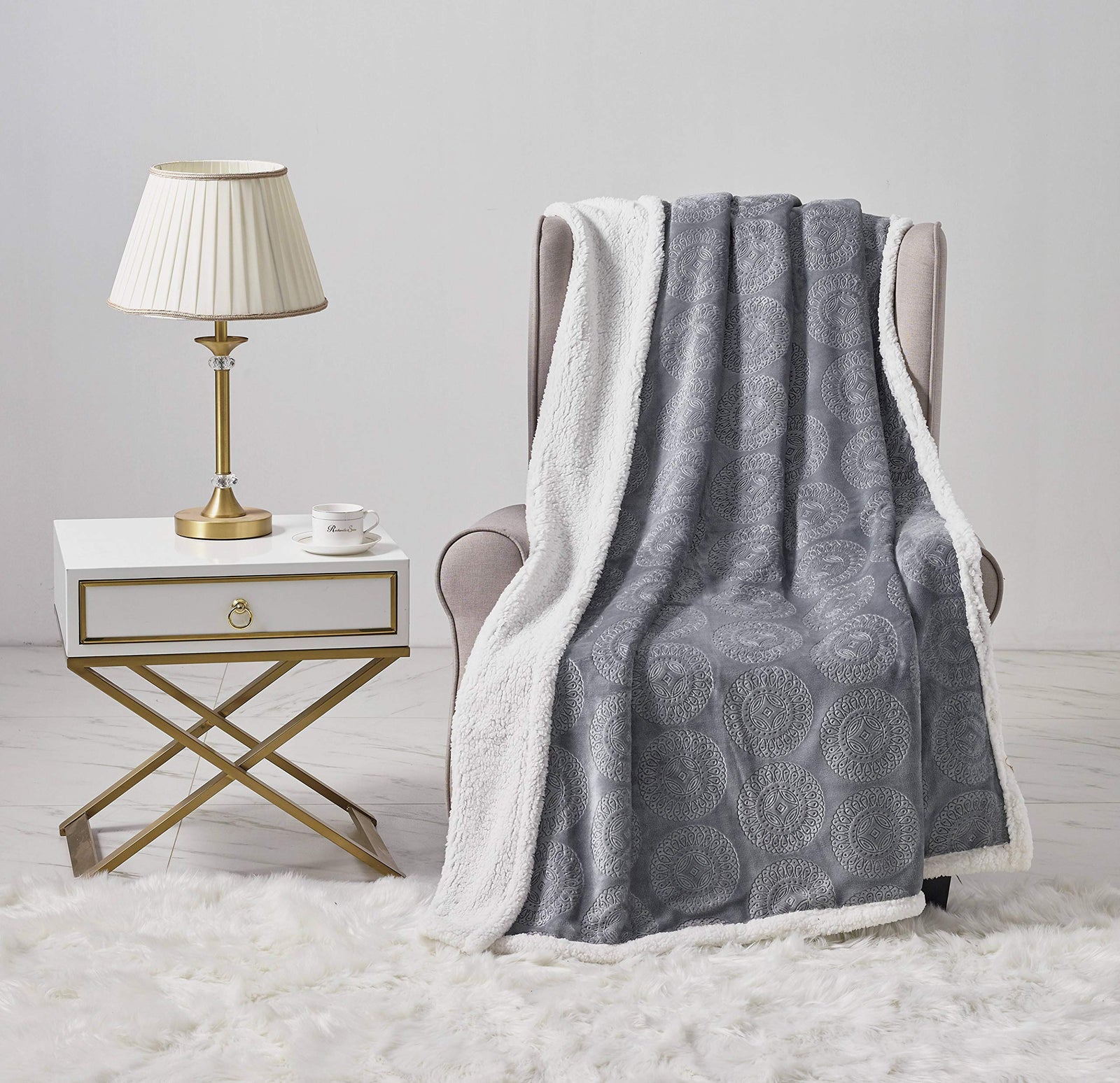 Decor & More Bon Iver Collection Extra Soft Mandala Embossed Microplush Throw Blanket with Sherpa Backing (50