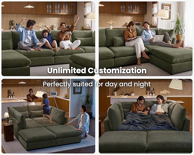 Oversized Modular Sofa, Extra Deep Cloud Corduroy Sectional Couch with Ottoman Chaise, Fluffy Chenille L-Shaped Sofas for Living Room, Villa (Sofa Bed 8 Seater, Chenille Green)