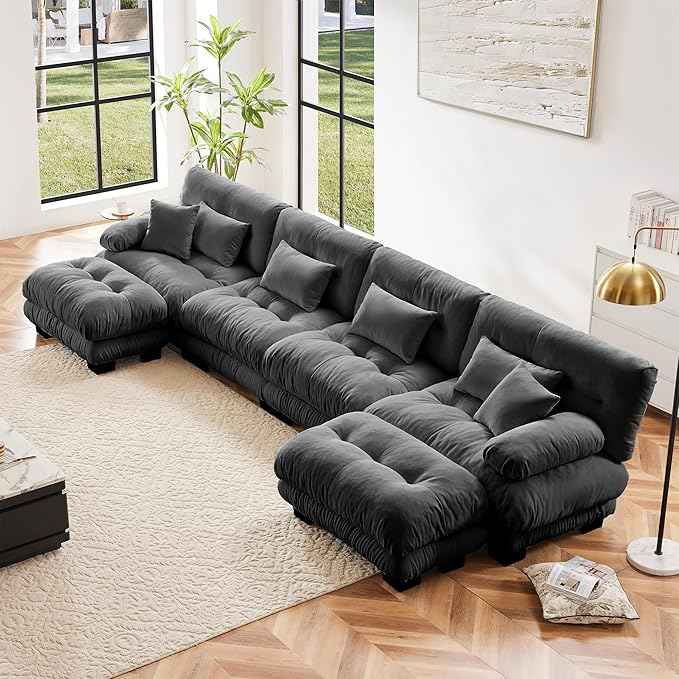 Modular Sectional Sofa U Shaped Sectional Couch, 4 Seater Cloud Couch with Ottoman, Modern Oversized Deep Seat Couches for Living Room, Comfy Chenille Sofa with 6 Throw Pillows, Gray