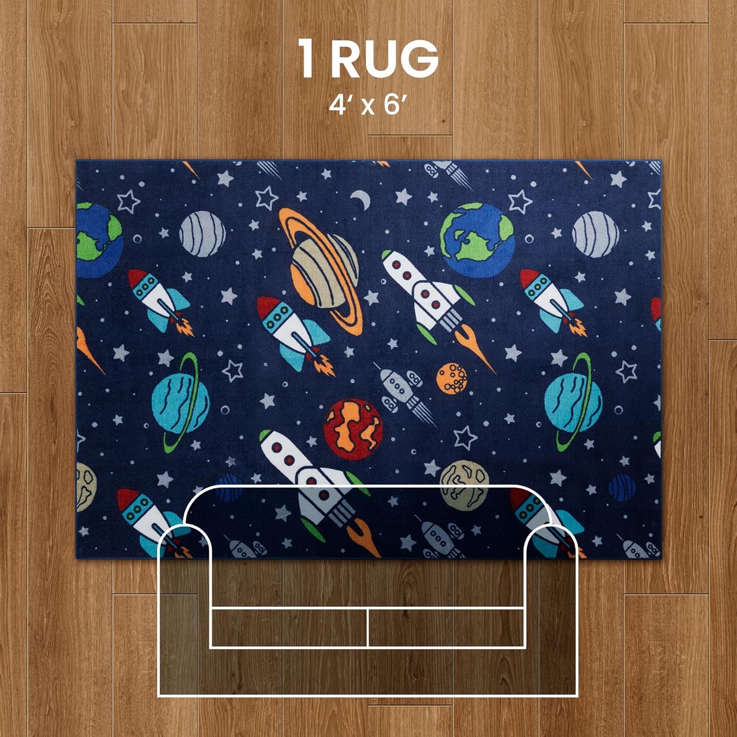 Kids Rugs for Playroom, Non Slip Area Rugs for Bedroom - Rocket Galaxy